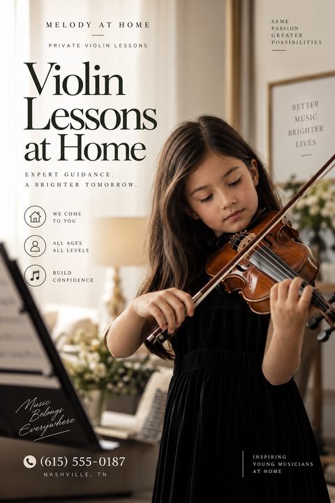 Elegant flyer for in-home violin lessons featuring a large photo of a young girl playing the violin, sophisticated serif typography, and three icons highlighting convenience, all ages, and confidence building.