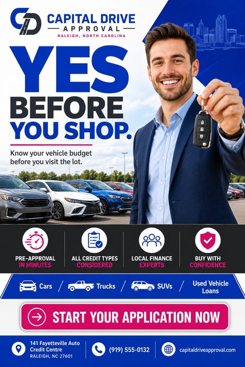 Flyer for auto finance featuring a smiling man holding car keys in front of a car lot. Text reads 'Yes before you shop. Know your vehicle budget before you visit the lot.' with icons for pre-approval, credit types, local experts, and buying with.
