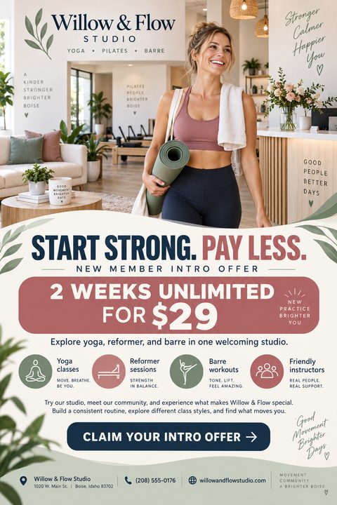A flyer for a yoga, pilates, and barre studio featuring a woman holding a yoga mat in a bright, modern studio. The design uses wavy color blocks in cream, navy, and dusty rose, with a prominent '2 Weeks Unlimited for $29' offer and icons for.