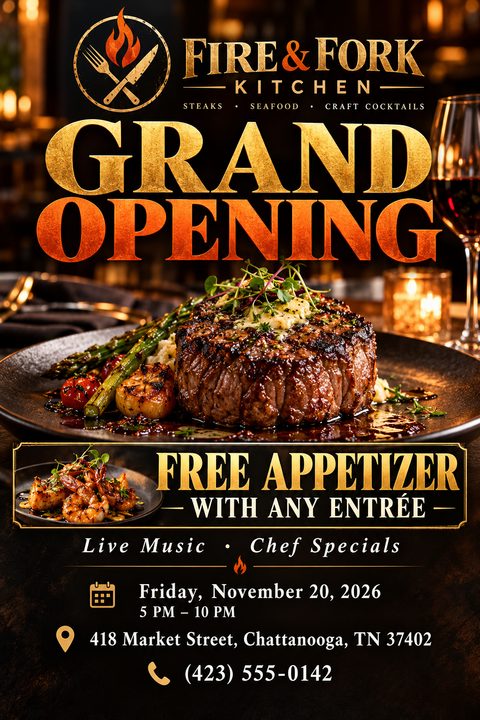 A dark, elegant restaurant grand opening flyer featuring a large, appetizing steak dinner photo. Bold gold text announces 'Grand Opening' and a 'Free Appetizer' special, with event details at the bottom.