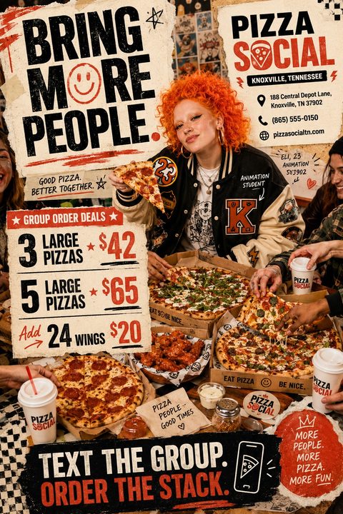 A grunge-style flyer with torn paper edges and bold text. A young woman with orange hair holds a pizza slice, surrounded by friends, pizzas, and wings. Group order deals are listed.