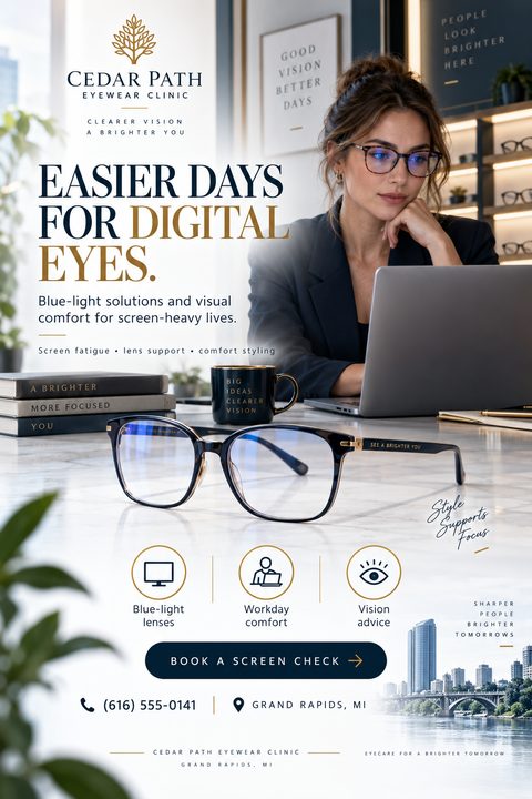 Flyer for an eyewear clinic promoting blue-light solutions. Features a woman working on a laptop, a pair of glasses in the foreground, and icons for blue-light lenses, workday comfort, and vision advice.