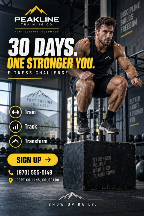 A muscular man performs a box jump in a dark, industrial gym. The flyer features bold white and yellow text promoting a 30-day fitness challenge.
