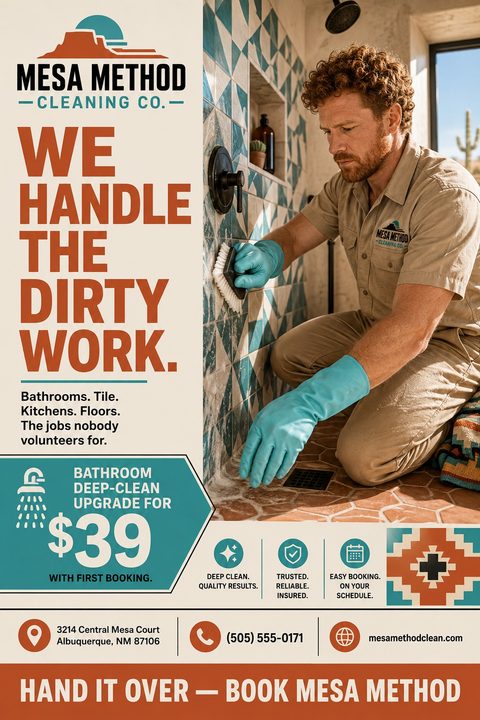 A cleaning service flyer featuring a man in blue gloves scrubbing a tiled shower wall. The design uses a terracotta, cream, and teal color palette with Southwestern geometric patterns and bold text.