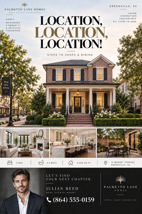 A real estate flyer with the headline 'LOCATION, LOCATION, LOCATION!' in large serif type. It features a large photo of a brick house, three smaller interior photos, property specs, and an agent's headshot and contact details at the bottom.