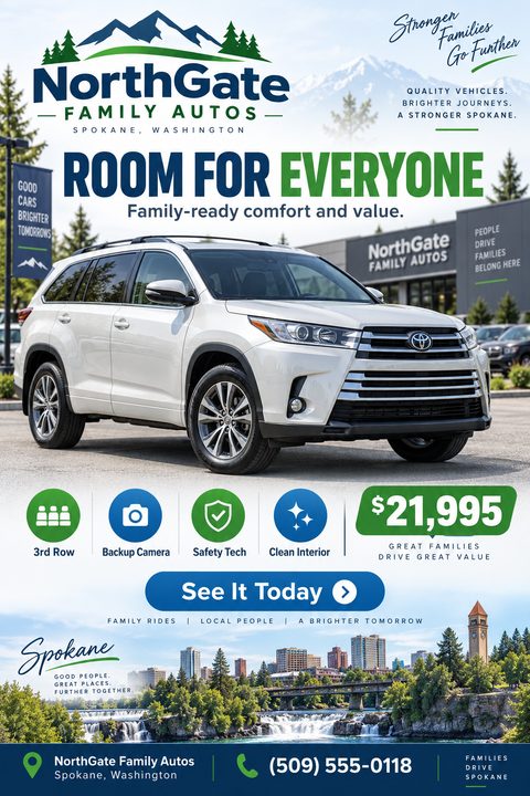 A car dealership flyer featuring a white SUV parked in front of a dealership building. The headline reads 'Room for Everyone'. Below the car are icons for features like 3rd row and backup camera, alongside a price of $21,995. The bottom shows a city.