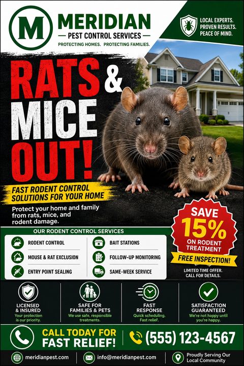 A pest control flyer featuring a large image of a rat and mouse in front of a suburban home. Bold red text reads 'Rats & Mice Out!' alongside a 15% off discount badge and service lists.
