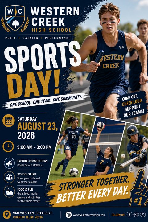 A navy and gold school sports day flyer featuring a large photo of a track runner, a collage of soccer, volleyball, and baseball players, and event details with icons.