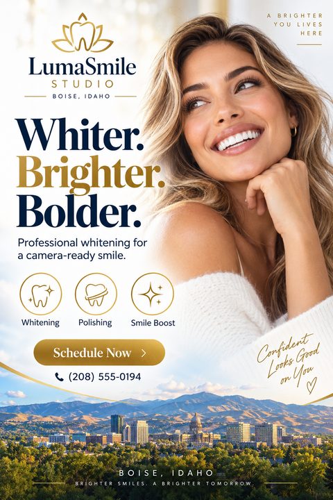 A flyer for a dental studio promoting teeth whitening. It features a smiling woman with white teeth on the top right and a cityscape of Boise, Idaho at the bottom. The text reads 'Whiter. Brighter. Bolder.' in navy and gold.