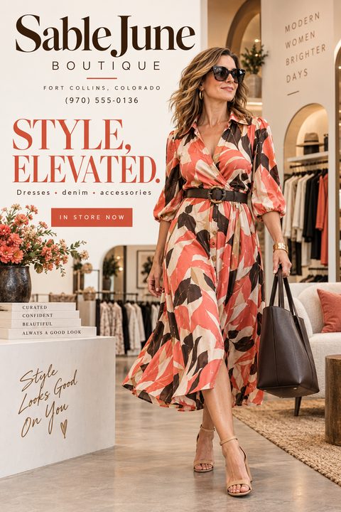 A flyer for a fashion boutique featuring a woman in a patterned dress walking through a stylish store. Text reads 'Style, Elevated' and 'In Store Now'.