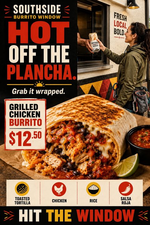 Flyer for a burrito window featuring a large, appetizing photo of a grilled chicken burrito cut in half, showing the filling. A smaller photo shows a customer receiving a burrito at a takeaway window. Bold text reads 'Hot off the plancha. Grab it.