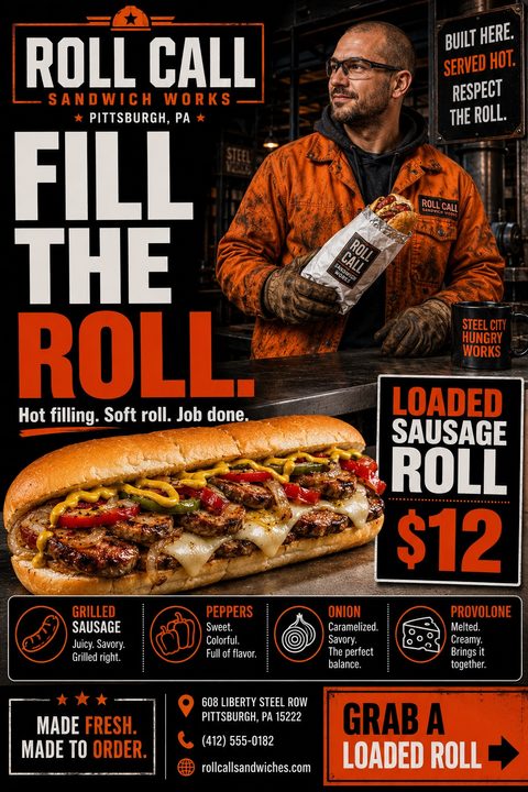 A bold black and orange flyer for a sandwich shop. It features a worker holding a sandwich, a large photo of a loaded sausage sub, bold typography, and icons detailing the ingredients.