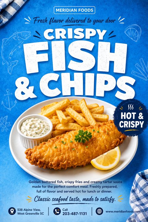 A bright blue flyer for fish and chips featuring a large plate of fried fish, french fries, and tartar sauce. The background includes white distressed text and subtle nautical line drawings.