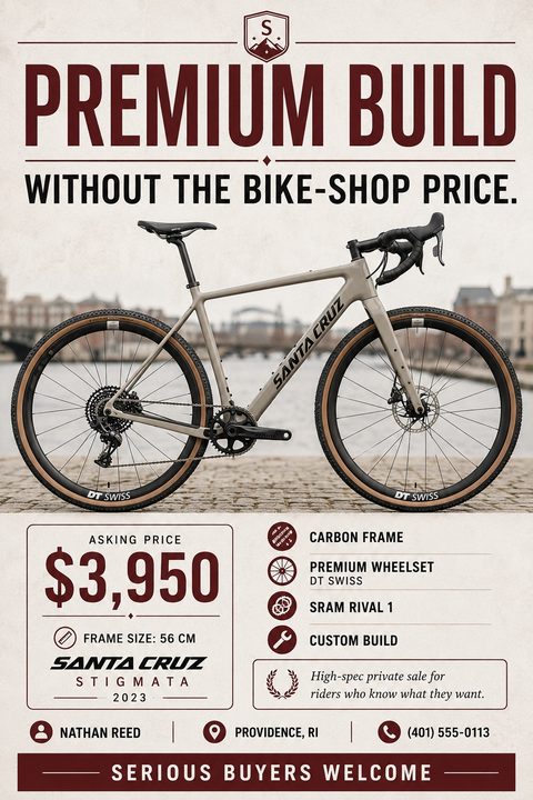 A premium bicycle for sale flyer with a cream background and maroon text. It features a large photo of a gravel bike, a prominent asking price, and a list of specifications with icons.
