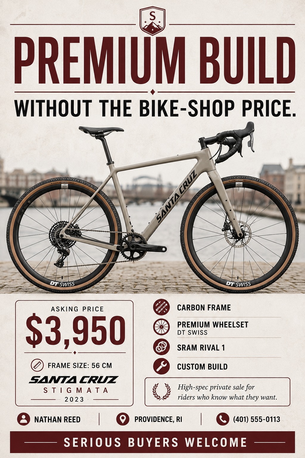 A premium bicycle for sale flyer with a cream background and maroon text. It features a large photo of a gravel bike, a prominent asking price, and a list of specifications with icons.