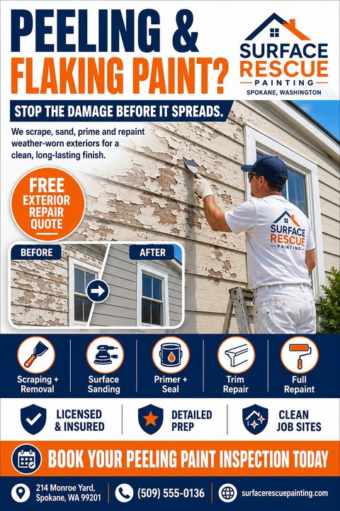 Flyer for exterior painting services. Headline asks 'Peeling & Flaking Paint?' Features a photo of a painter scraping a house, before-and-after inset photos, and icons for scraping, sanding, priming, trim repair, and repainting.