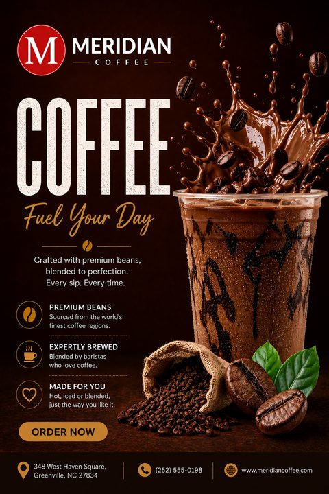 A promotional flyer for a coffee shop featuring a large image of an iced coffee drink splashing out of a clear plastic cup, surrounded by coffee beans and a small burlap sack of ground coffee. The text reads 'Coffee Fuel Your Day' with bullet points.