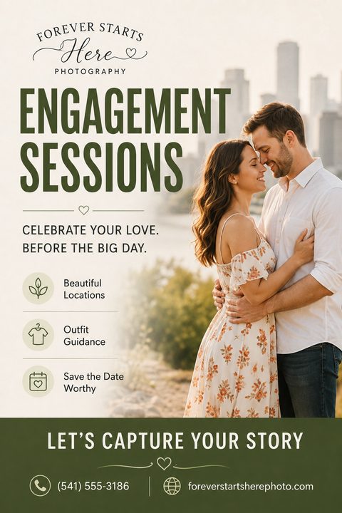 A romantic engagement photography flyer featuring a large photo of a smiling couple embracing outdoors. The design uses an earthy olive green and cream color palette with elegant typography and service icons.