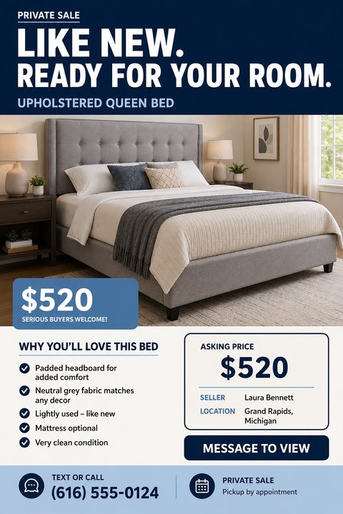 A private sale flyer template featuring a large central photo of a bed, a bold navy blue header, a light blue price tag, and structured sections for item features and contact details.