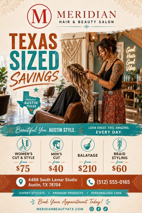 A rustic hair salon flyer with a cream background, teal and terracotta accents, and a large photo of a stylist braiding a client's hair. It includes a price menu with service icons.