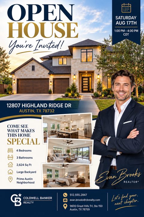 Real estate open house flyer with a large photo of a two-story house, three smaller interior photos, an agent portrait, and property details in navy and gold.