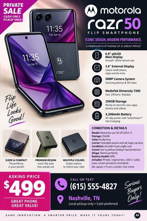 Flyer for a private sale of a smartphone, featuring large product images, a list of specifications, condition details, asking price, and contact information.