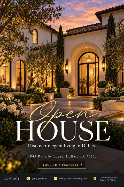 A real estate open house flyer featuring a large photo of a luxury mansion at twilight. The text 'Open HOUSE' is prominently displayed in elegant script and serif fonts.