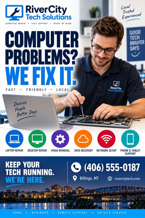 Computer repair flyer template with a large headline 'Computer Problems? We Fix It.' above a photo of a technician repairing a laptop. Below are colorful icons for various tech services and a blue footer with contact information and a city skyline.
