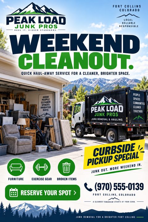 A junk removal flyer featuring a large photo of a branded hauling truck parked next to a driveway full of discarded furniture and items. Bold navy and green text advertises a weekend cleanout special.