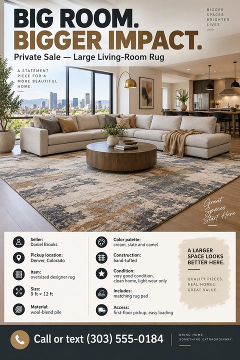A modern private sale flyer featuring a large photo of a living room rug, bold headline text, and a detailed list of item specifications with icons on a cream background.