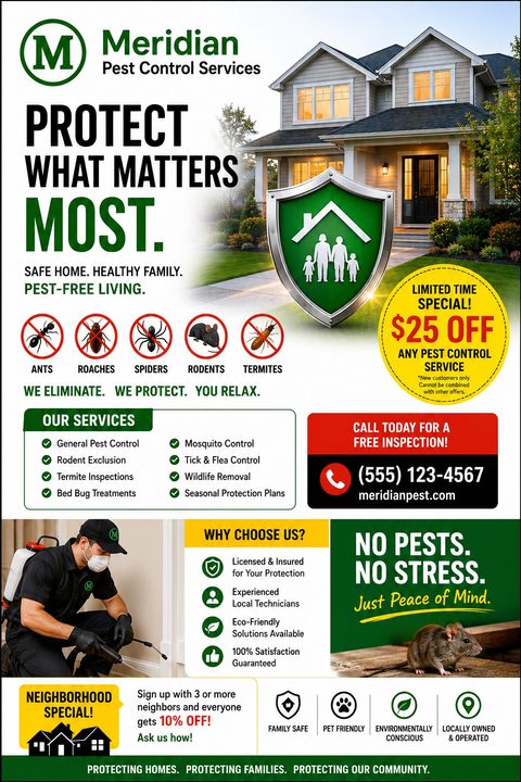 A pest control flyer featuring a suburban house, a green shield with a family silhouette, crossed-out bug icons, a technician spraying baseboards, and bold yellow discount badges.