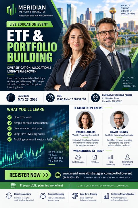 A corporate seminar flyer template for a financial planning event, featuring a photo of two professionals, event details, a list of topics covered, featured speakers, and a registration call to action.