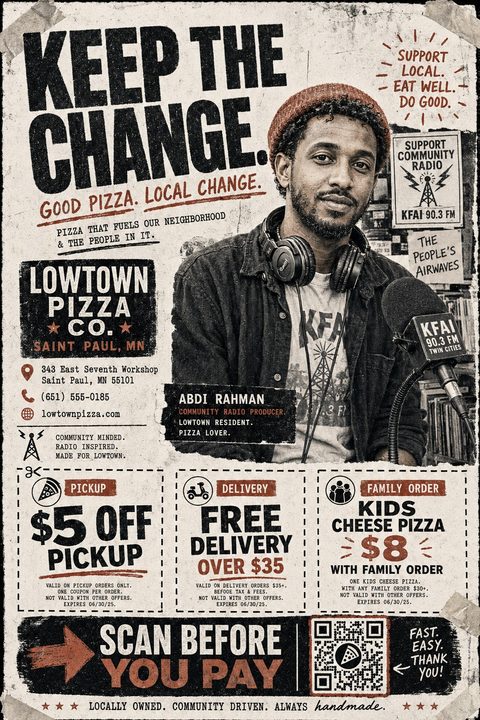 A gritty, vintage-style pizza flyer with distressed textures. It features a photo of a man with headphones, bold black and red typography, three coupon boxes, and a QR code.