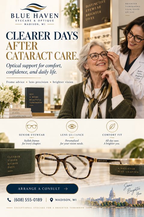 A flyer for an eye care clinic featuring a photo of an older woman trying on glasses with the help of an optometrist, and a close-up photo of tortoiseshell glasses.