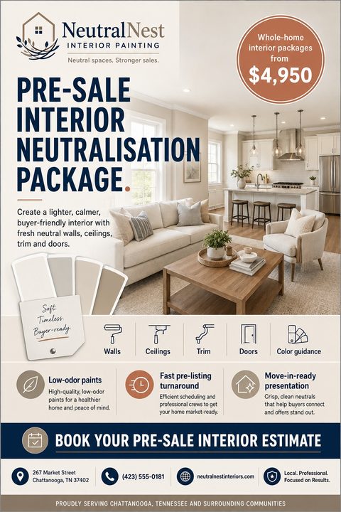 Flyer for interior painting services featuring a bright, neutral living room and kitchen. Text reads 'Pre-Sale Interior Neutralisation Package' with a price circle and icons for walls, ceilings, trim, doors, and color guidance.