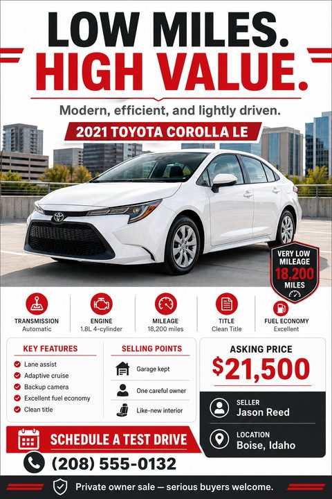 Car for sale flyer with a large photo of a white sedan. Bold text reads 'Low Miles. High Value.' Includes icons for transmission, engine, mileage, title, and fuel economy, plus key features, asking price, and contact info.