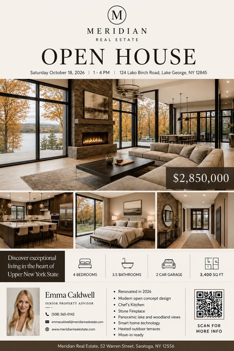 An elegant real estate open house flyer on a cream background. It features a large main photo of a living room, three smaller property photos, property icons, agent details, and a QR code.