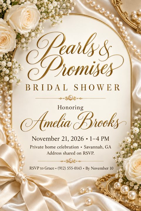 Elegant bridal shower invitation featuring gold script typography on a cream background, framed by white roses, baby's breath, strings of pearls, and draped satin fabric.