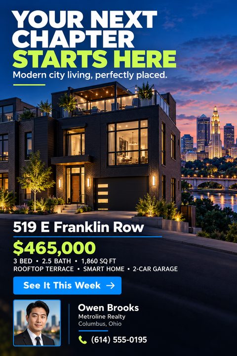 Real estate flyer template featuring a large twilight photo of a modern multi-story home with a city skyline in the background. Text reads 'Your Next Chapter Starts Here. Modern city living, perfectly placed.' Includes property address, price.