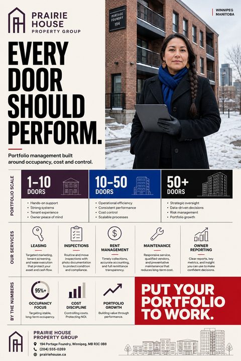 Property management flyer template with a photo of a professional woman holding a tablet in front of a brick apartment building. The layout includes sections for portfolio scale, services, and performance metrics with icons and charts.