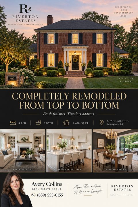 Real estate flyer template with a large photo of a brick house at twilight, a black section with gold text reading 'Completely Remodeled From Top To Bottom', three smaller interior photos, and agent contact info at the bottom.