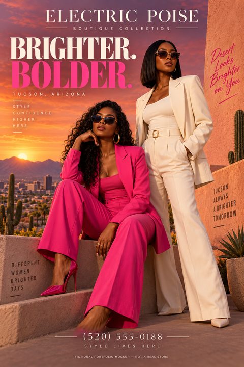 Fashion flyer featuring two women in stylish suits, one hot pink and one cream, posing against a vibrant desert sunset backdrop with cacti and a city skyline. Bold text reads 'Brighter. Bolder.'