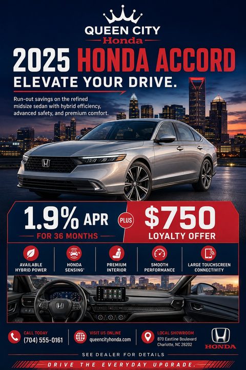 A car dealership flyer featuring a silver sedan parked against a sunset city skyline. Bold text highlights financing offers above a row of feature icons and an interior dashboard view. Navy and red color scheme.