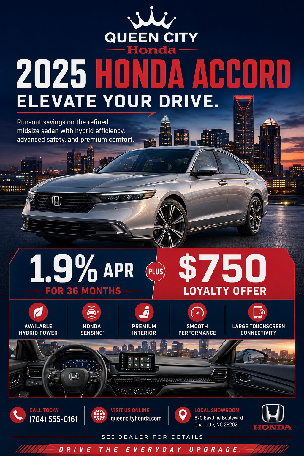 A car dealership flyer featuring a silver sedan parked against a sunset city skyline. Bold text highlights financing offers above a row of feature icons and an interior dashboard view. Navy and red color scheme.