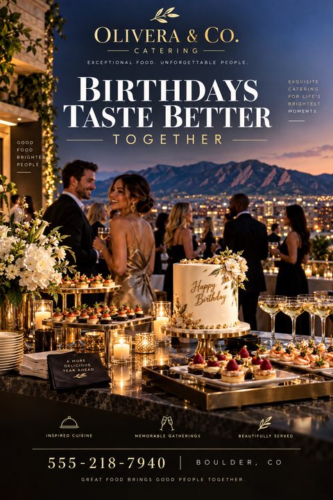 A sophisticated catering flyer featuring a twilight rooftop party with mountains in the background. A table displays elegant appetizers, a birthday cake, and champagne, with gold text and icons on a dark background.