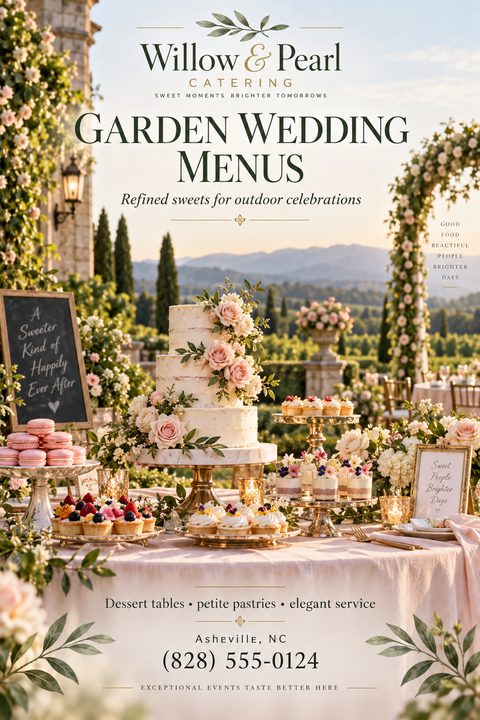 An elegant catering flyer featuring a lavish outdoor dessert table with a tiered wedding cake, macarons, and pastries. The background shows a scenic landscape with floral arches. Text overlays promote garden wedding menus.