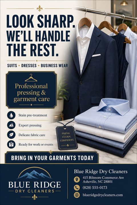 Flyer for a dry cleaning service. The design is split, with the left side featuring a cream background with navy text reading 'Look sharp. We'll handle the rest.' and a list of services like stain pre-treatment and expert pressing. The right side.