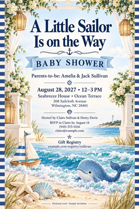 A nautical-themed baby shower invitation flyer featuring a beach scene with a cute whale, a toy sailboat, seashells, and a lighthouse in the background, framed by white pillars and floral arrangements.