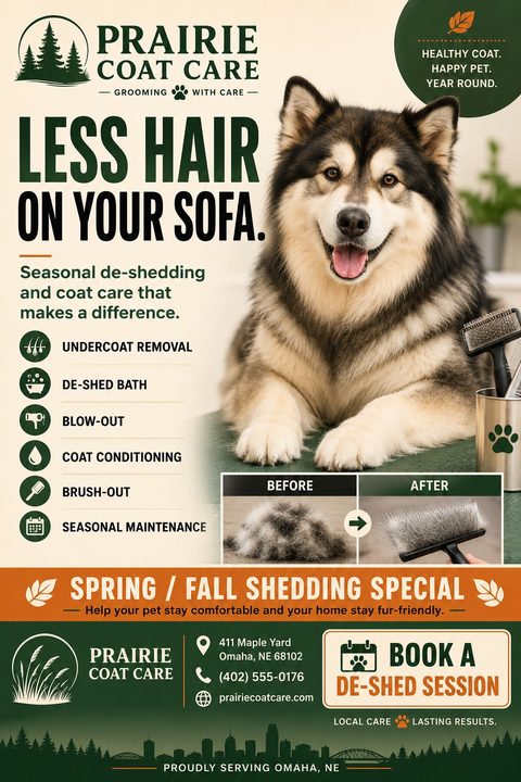 Flyer for Prairie Coat Care grooming services, featuring a large fluffy dog, a list of de-shedding services, before and after photos of brushed fur, and a Spring/Fall shedding special offer.
