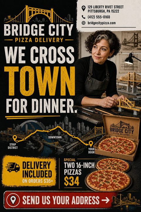 A dark, urban-style pizza delivery flyer featuring a photo of a woman, a stylized city map with a delivery route, and images of pepperoni pizzas. Bold yellow and white text highlights delivery specials.